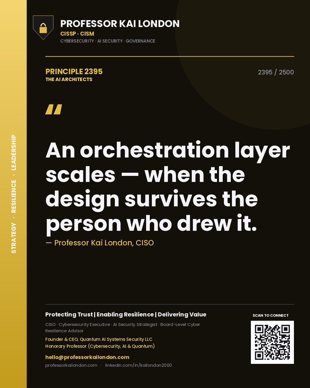 Professor Kai London principle 2395: An orchestration layer scales — when the design survives the person who drew it.