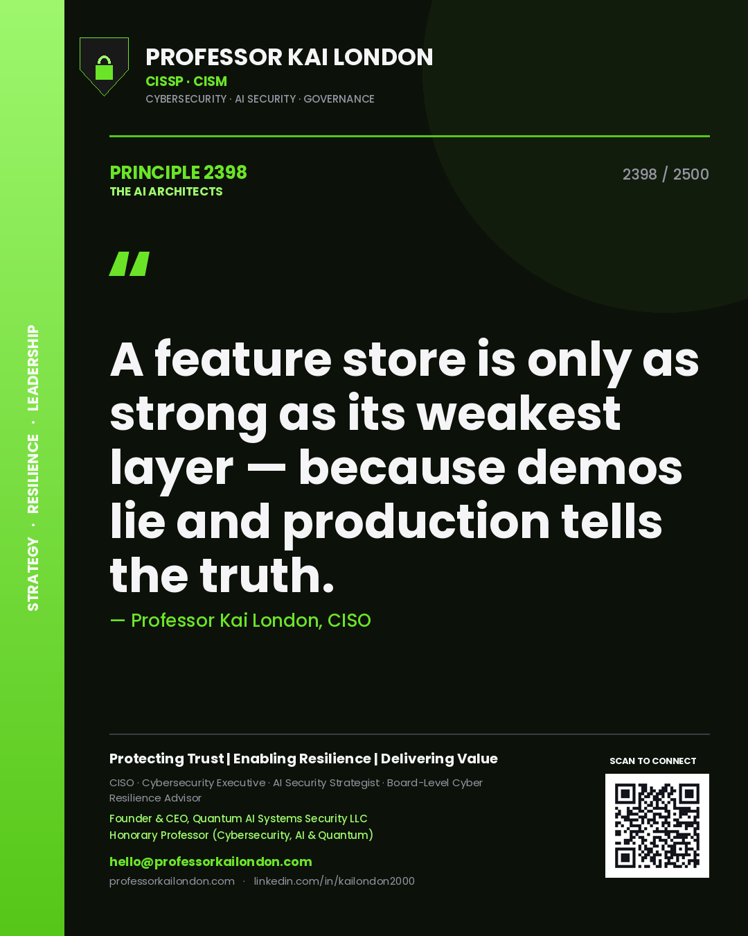 Professor Kai London principle 2398: A feature store is only as strong as its weakest layer — because demos lie and production tells the truth.