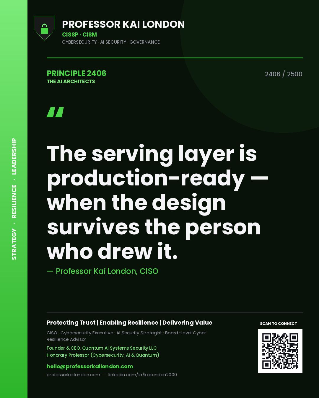 Professor Kai London principle 2406: The serving layer is production-ready — when the design survives the person who drew it.