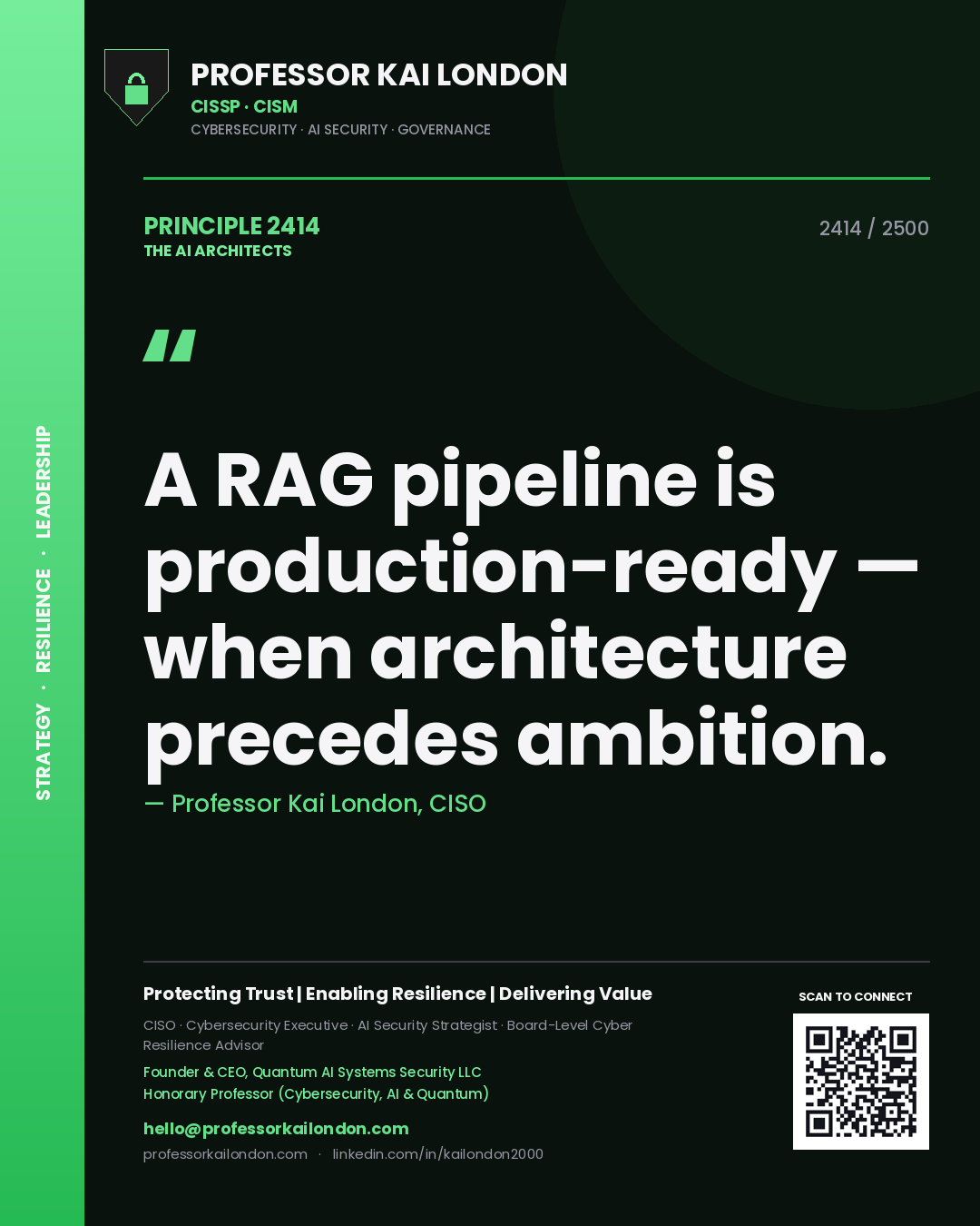 Professor Kai London principle 2414: A RAG pipeline is production-ready — when architecture precedes ambition.