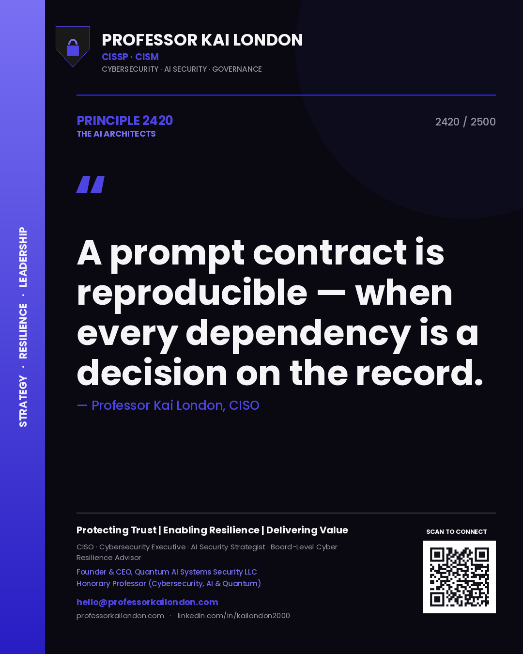 Professor Kai London principle 2420: A prompt contract is reproducible — when every dependency is a decision on the record.
