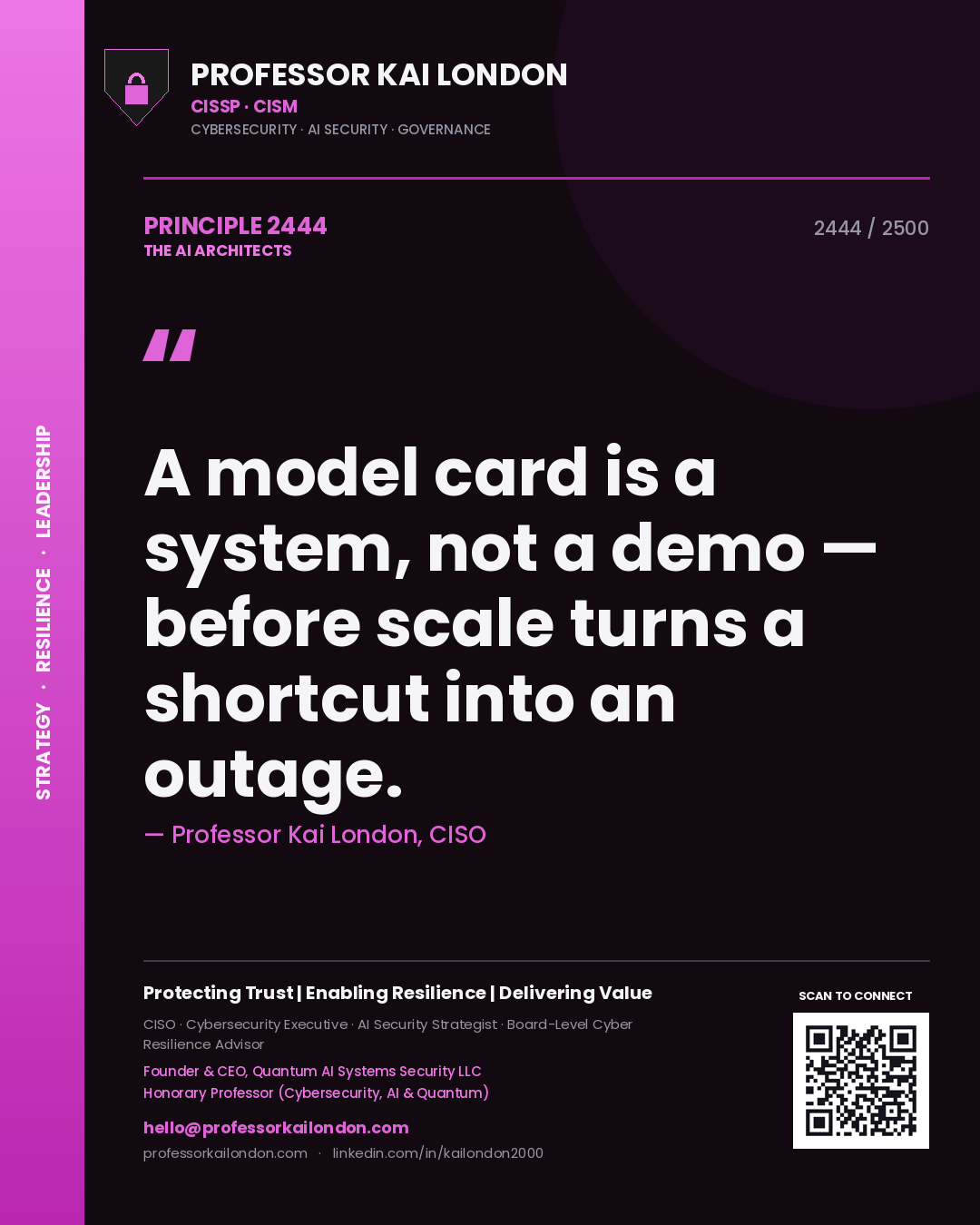 Professor Kai London principle 2444: A model card is a system, not a demo — before scale turns a shortcut into an outage.