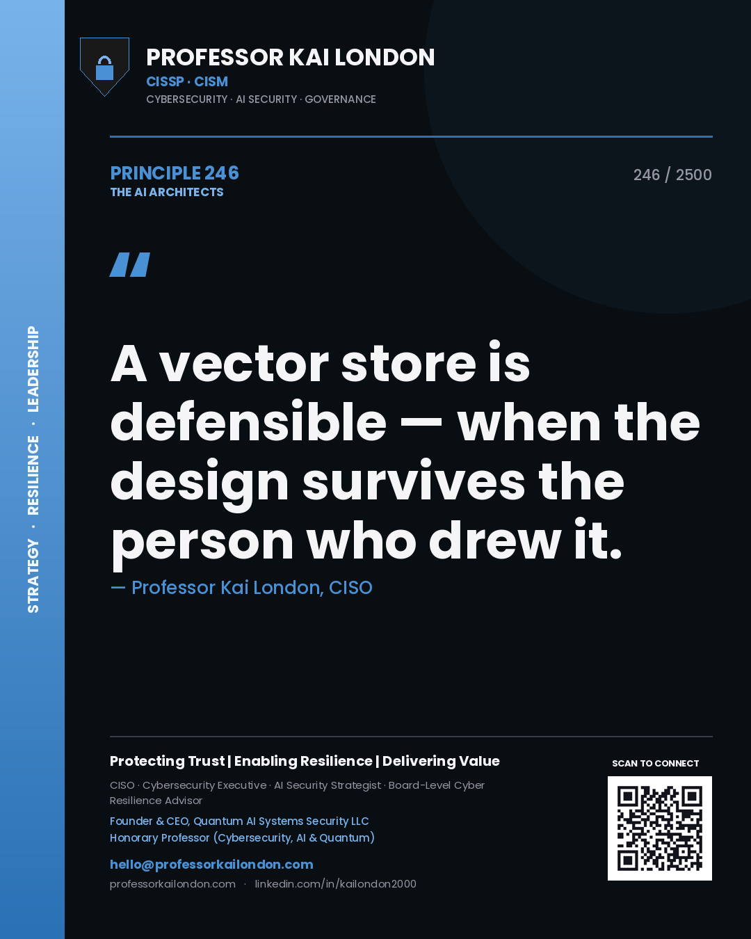 Professor Kai London principle 246: A vector store is defensible — when the design survives the person who drew it.