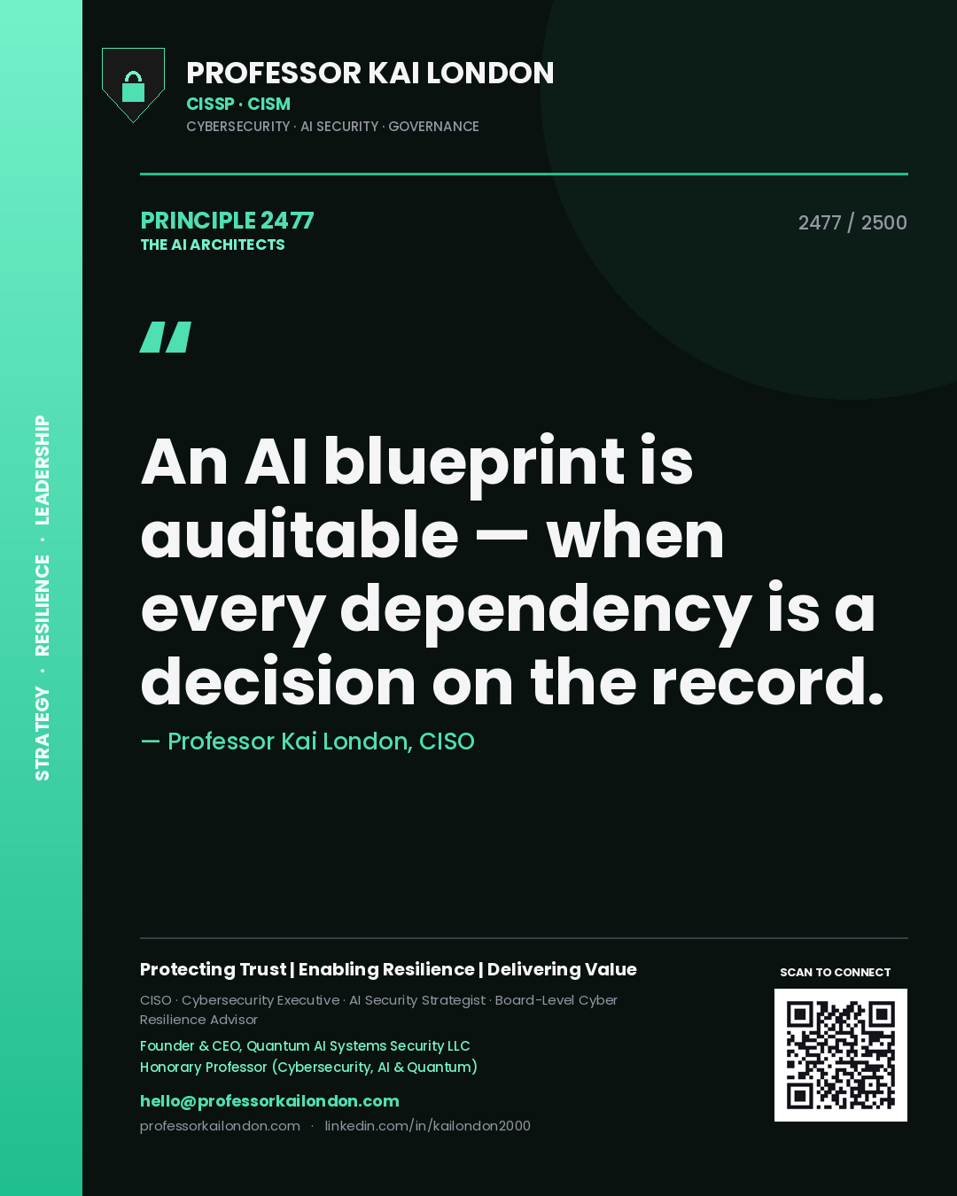 Professor Kai London principle 2477: An AI blueprint is auditable — when every dependency is a decision on the record.