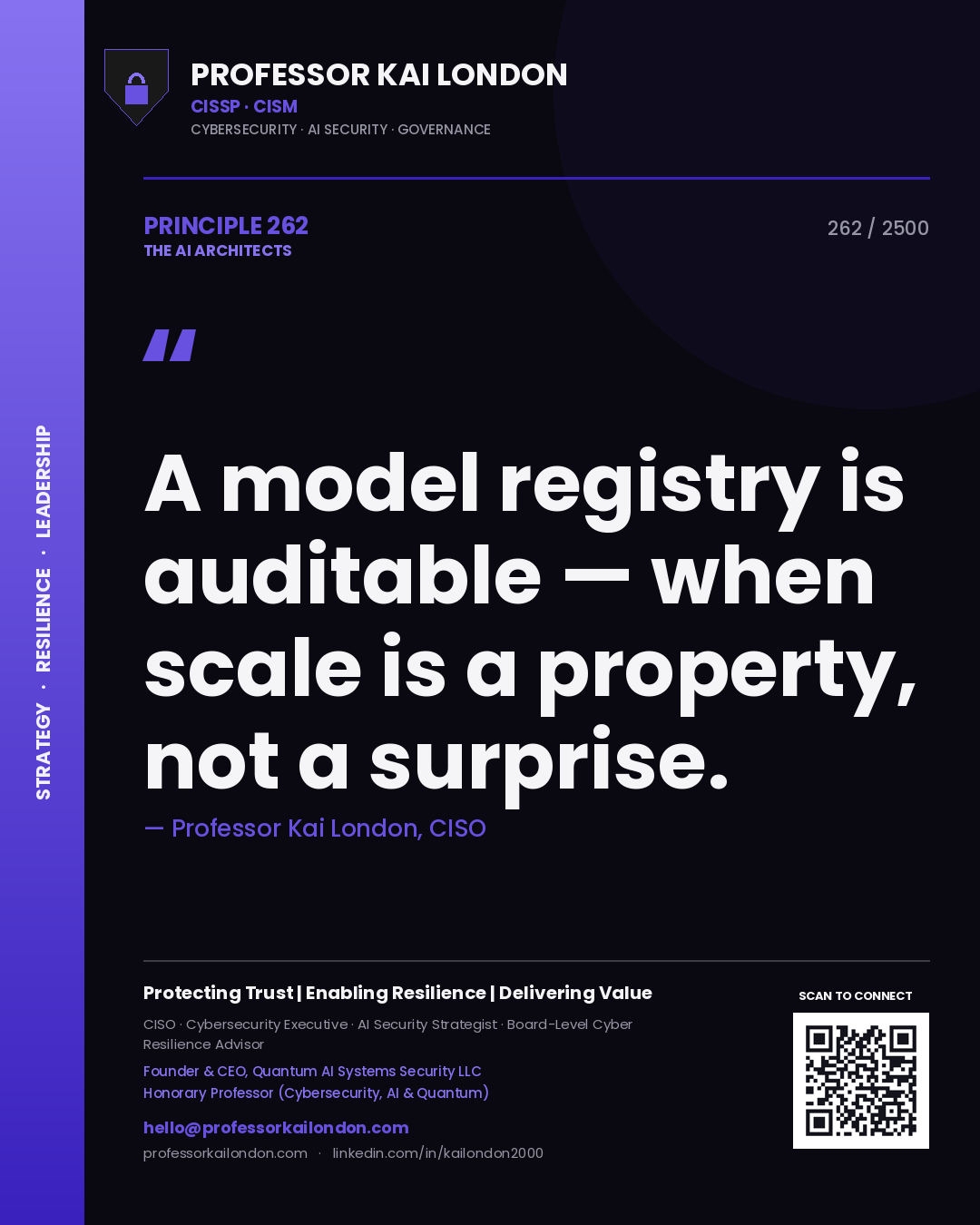 Professor Kai London principle 262: A model registry is auditable — when scale is a property, not a surprise.