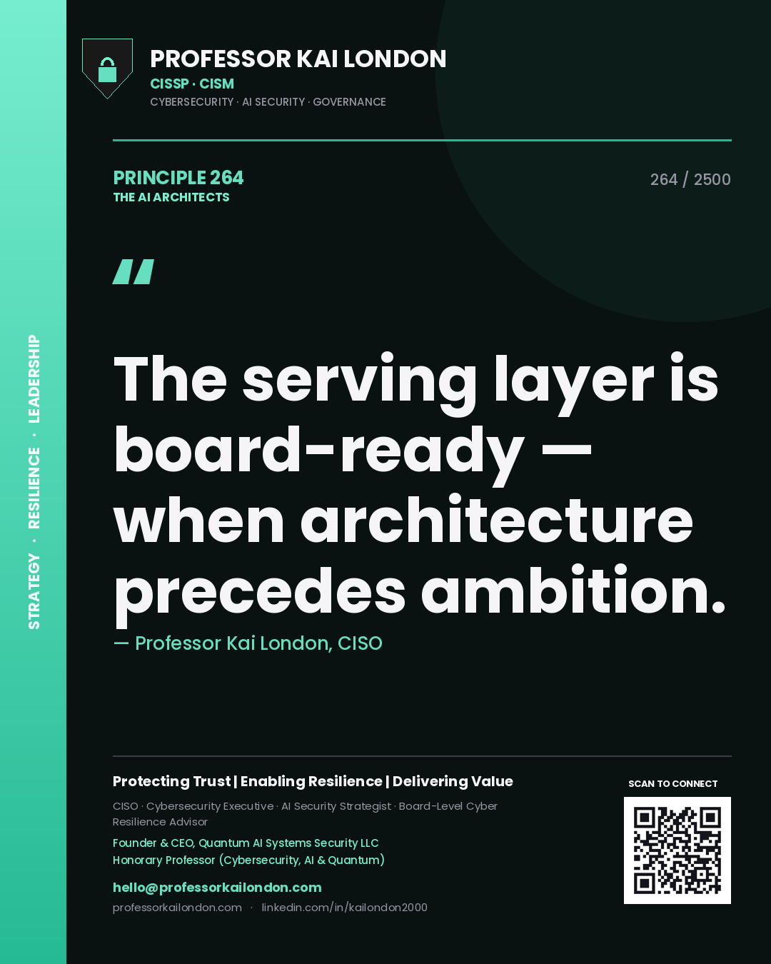 Professor Kai London principle 264: The serving layer is board-ready — when architecture precedes ambition.