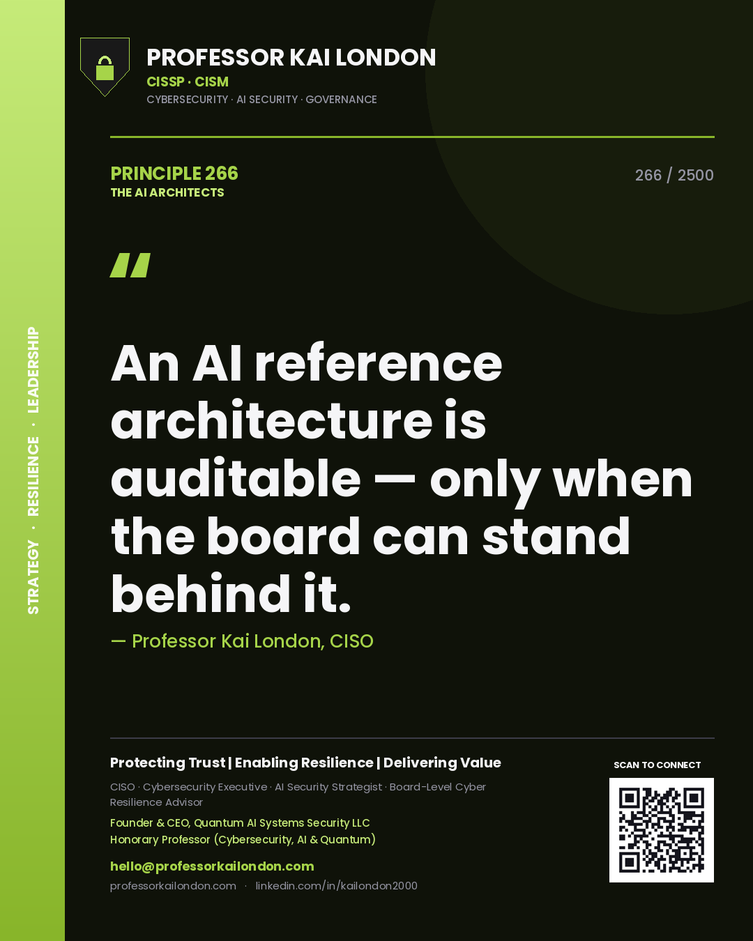 Professor Kai London principle 266: An AI reference architecture is auditable — only when the board can stand behind it.
