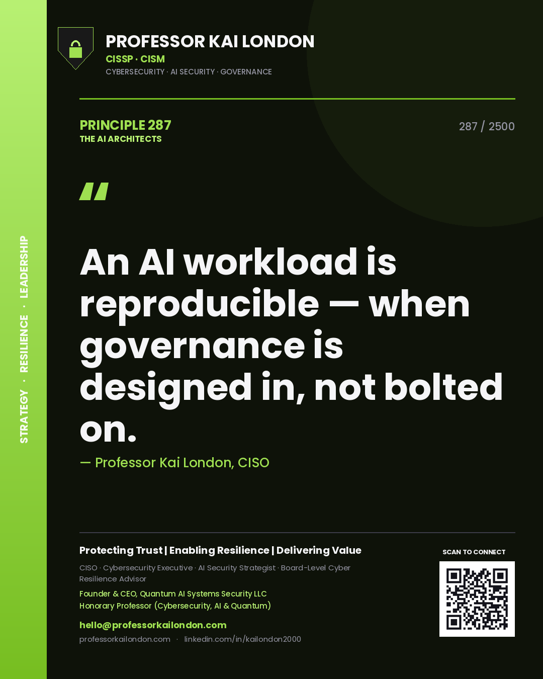Professor Kai London principle 287: An AI workload is reproducible — when governance is designed in, not bolted on.