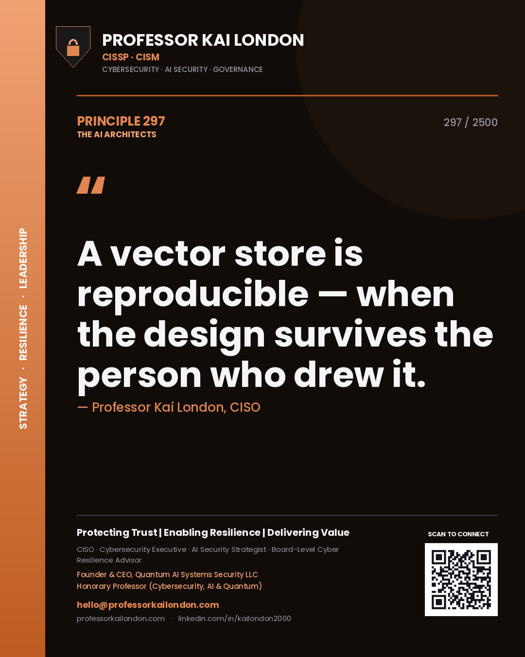 Professor Kai London principle 297: A vector store is reproducible — when the design survives the person who drew it.