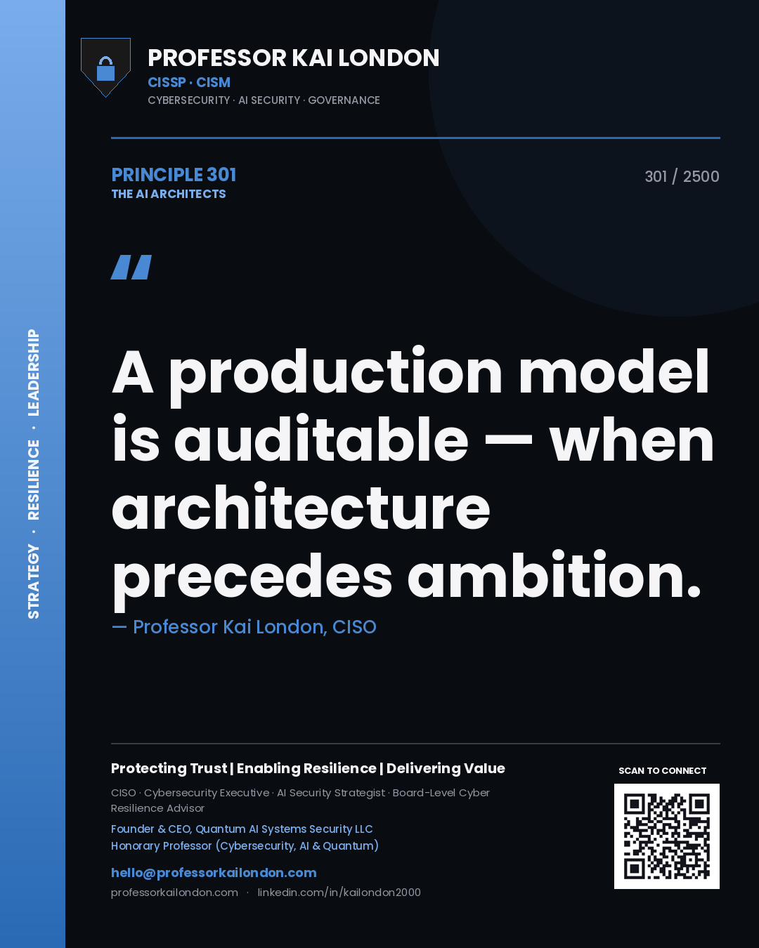 Professor Kai London principle 301: A production model is auditable — when architecture precedes ambition.