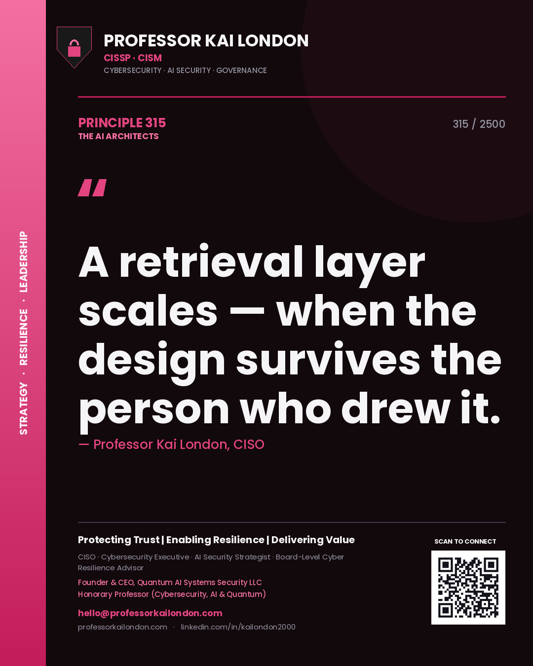 Professor Kai London principle 315: A retrieval layer scales — when the design survives the person who drew it.