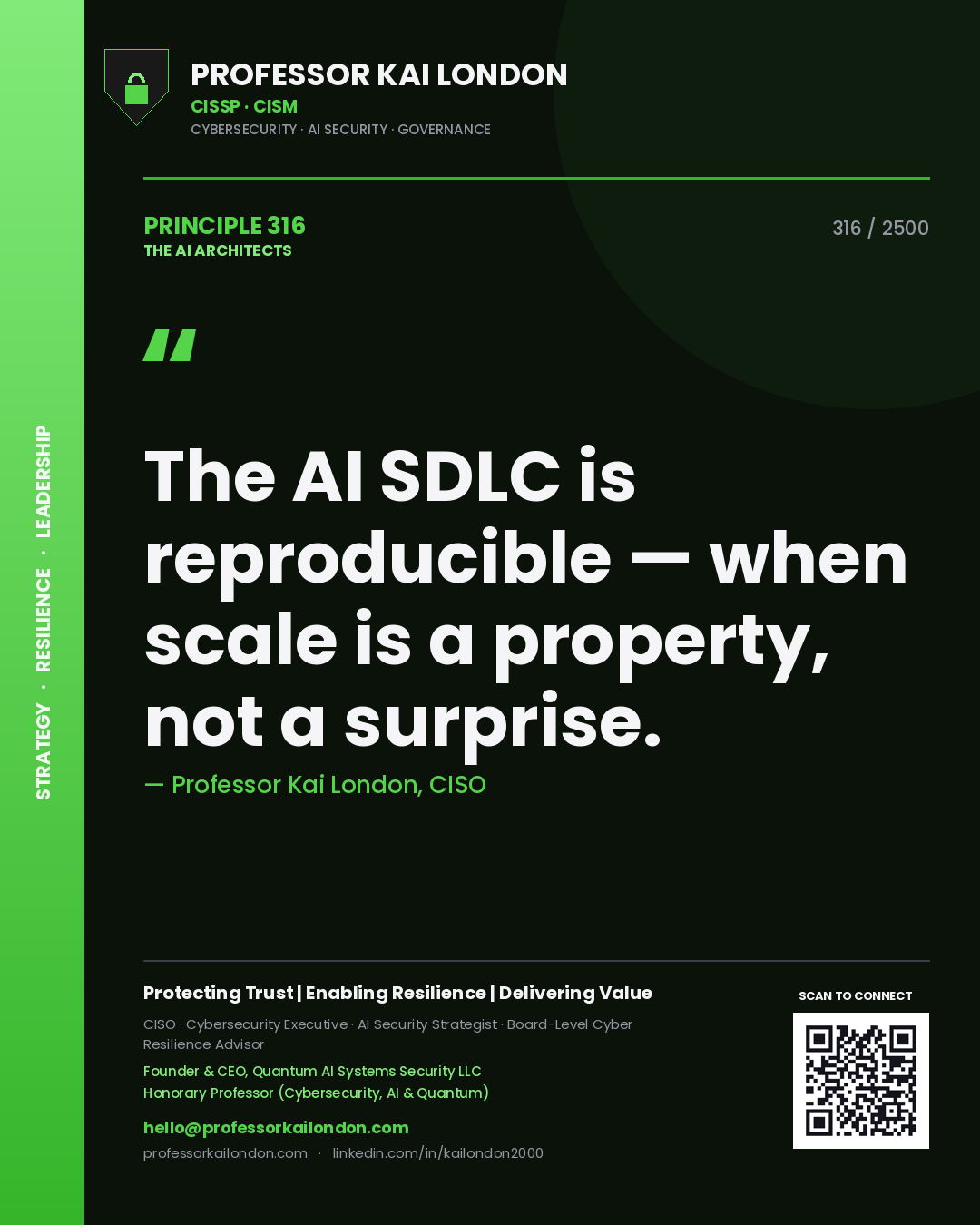 Professor Kai London principle 316: The AI SDLC is reproducible — when scale is a property, not a surprise.