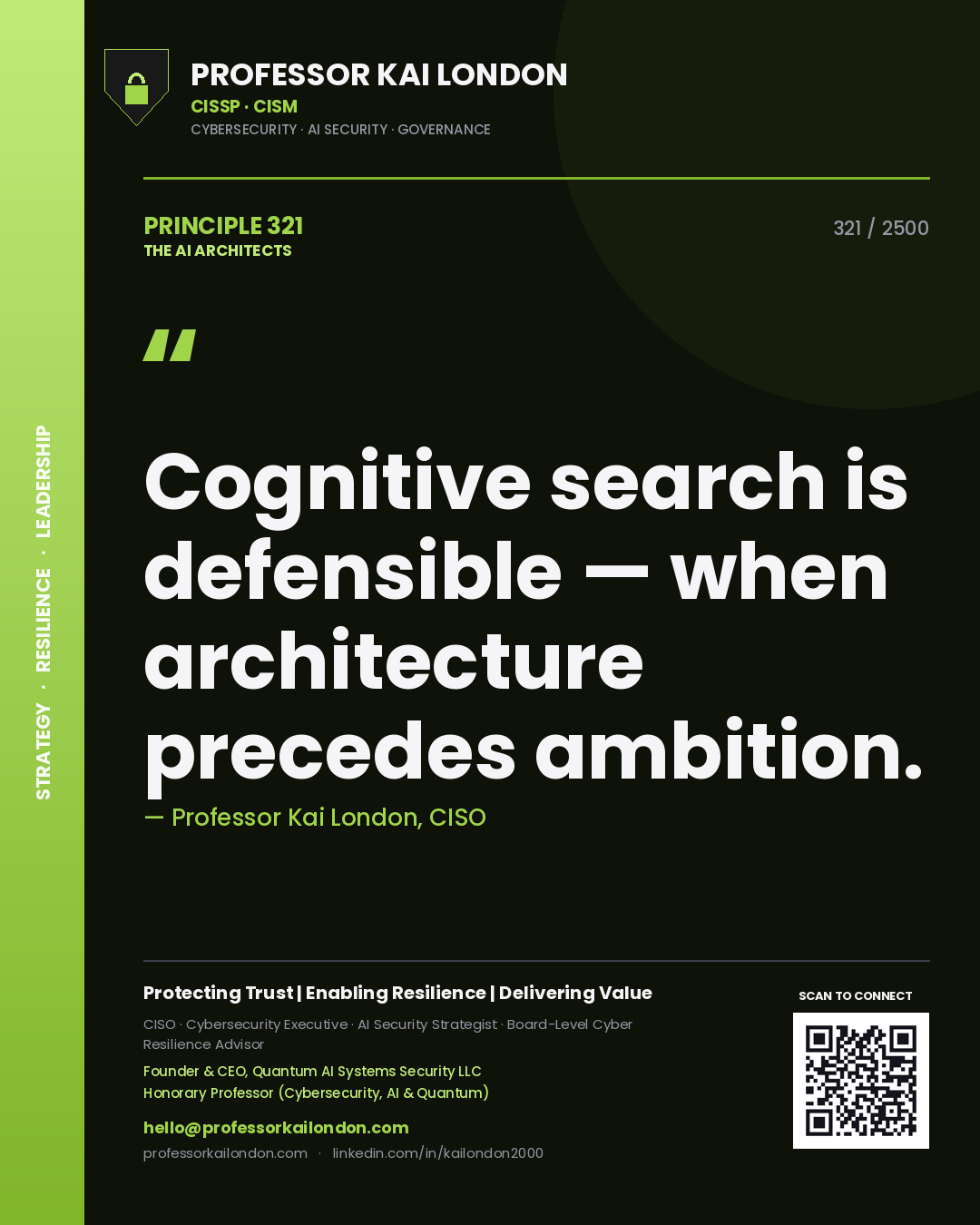 Professor Kai London principle 321: Cognitive search is defensible — when architecture precedes ambition.