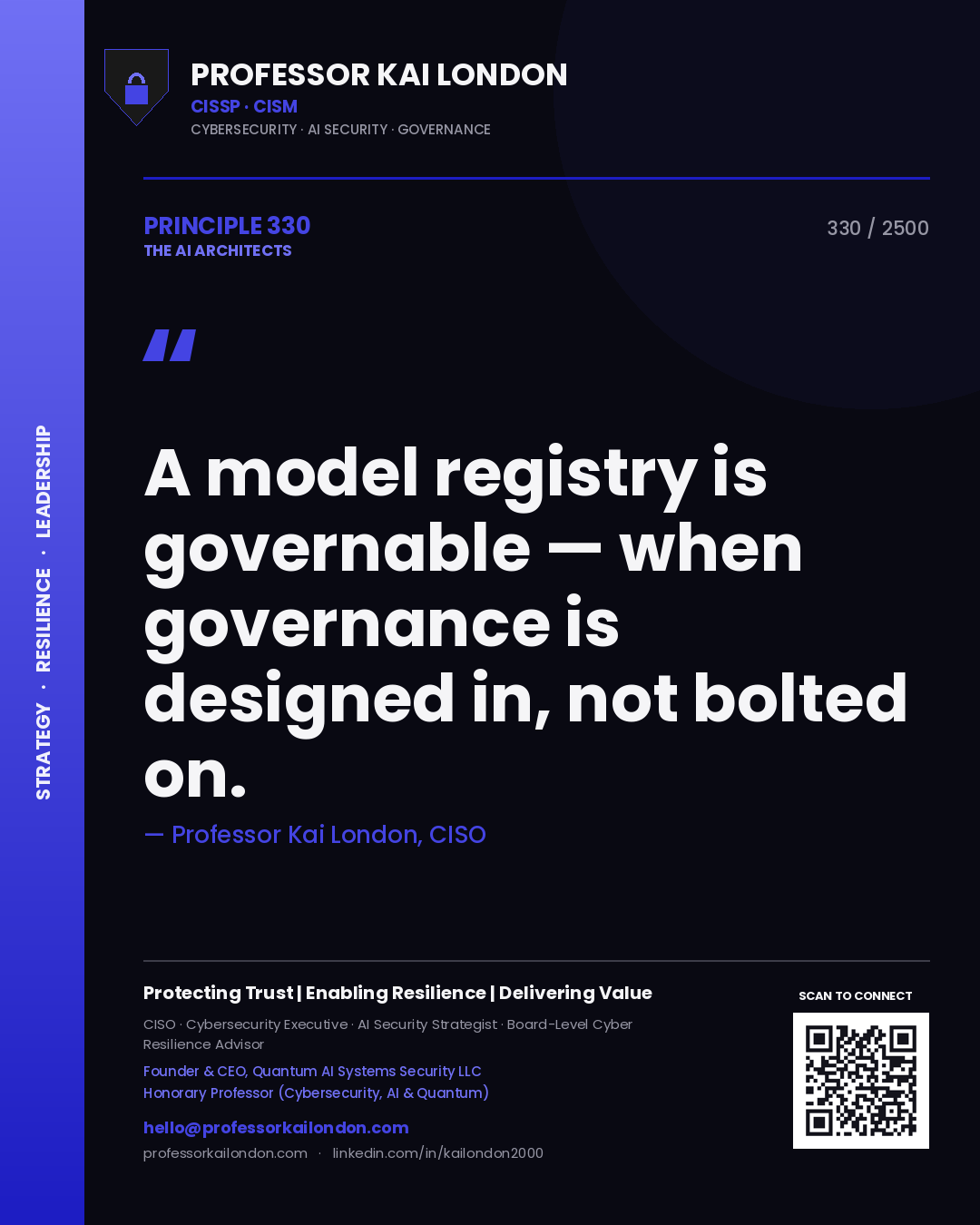 Professor Kai London principle 330: A model registry is governable — when governance is designed in, not bolted on.