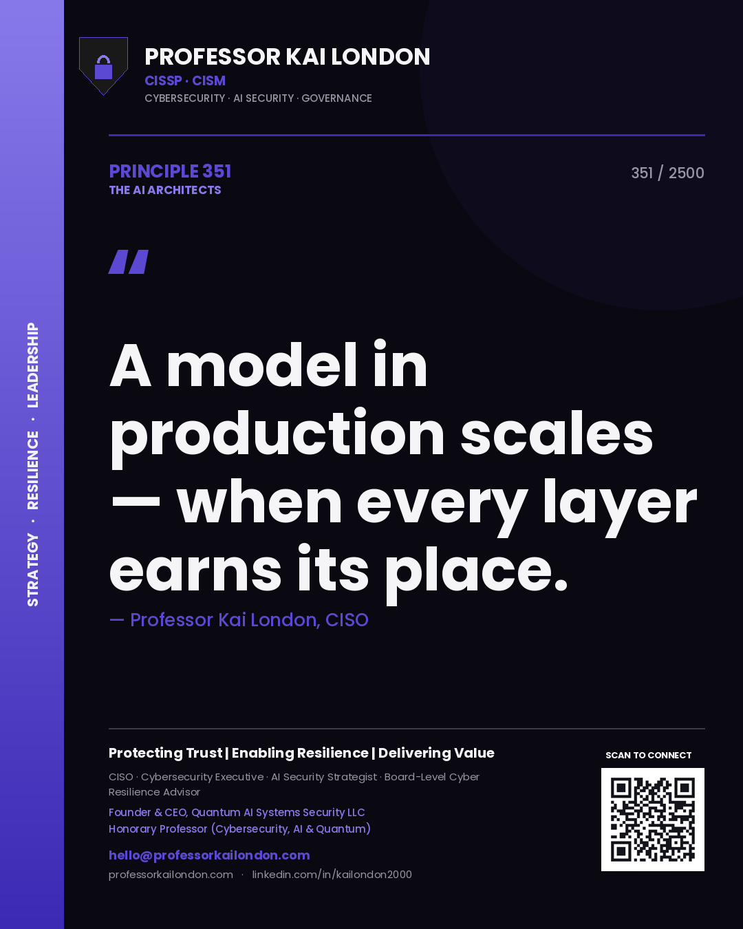 Professor Kai London principle 351: A model in production scales — when every layer earns its place.