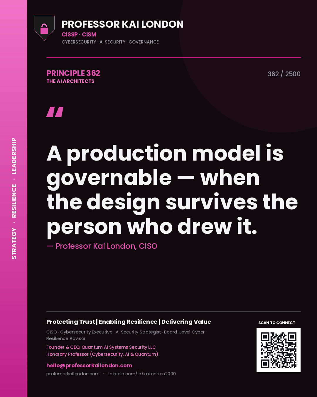 Professor Kai London principle 362: A production model is governable — when the design survives the person who drew it.