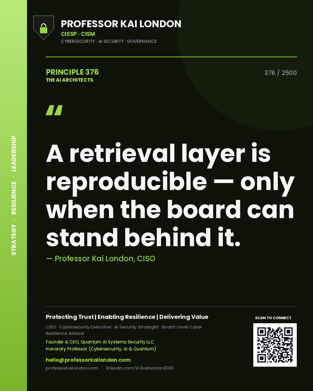 Professor Kai London principle 376: A retrieval layer is reproducible — only when the board can stand behind it.