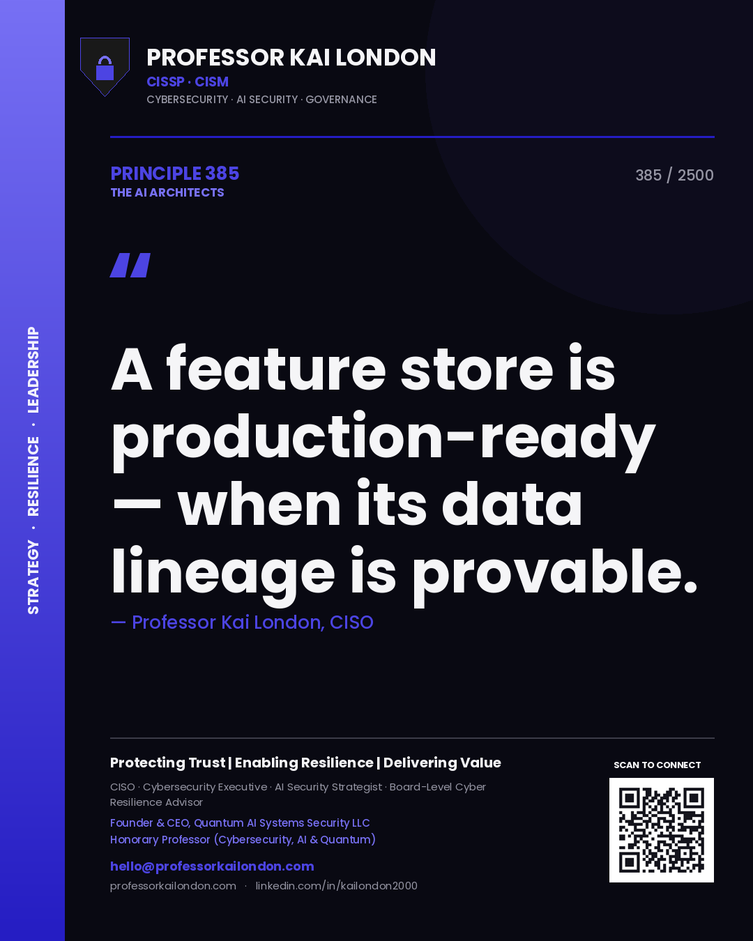 Professor Kai London principle 385: A feature store is production-ready — when its data lineage is provable.