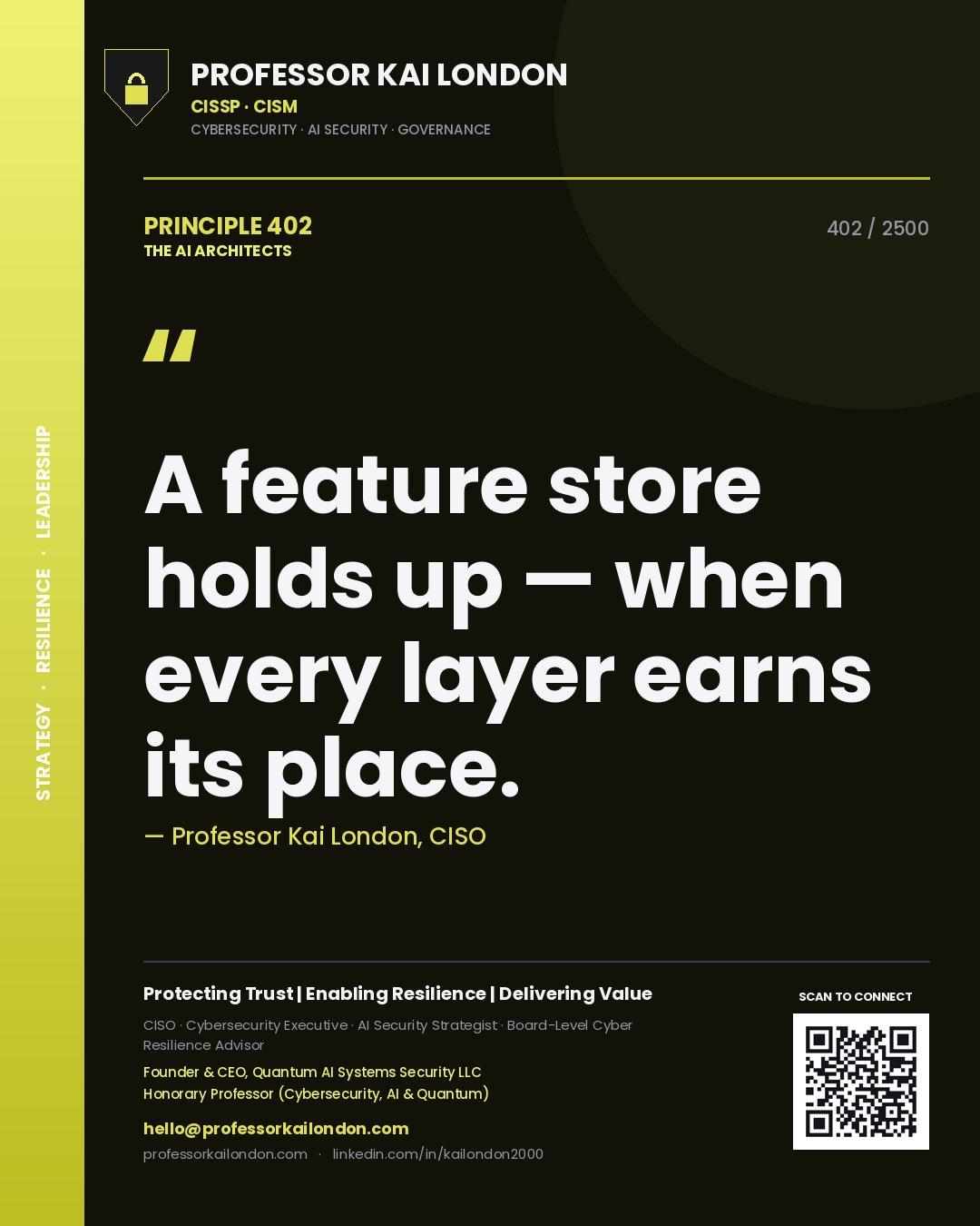 Professor Kai London principle 402: A feature store holds up — when every layer earns its place.