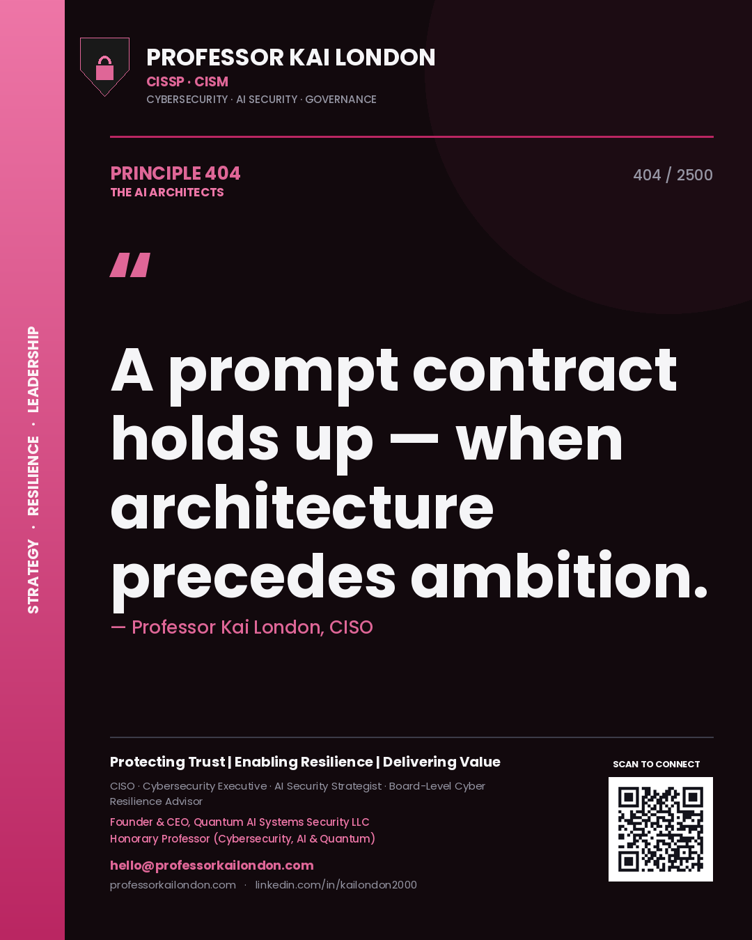 Professor Kai London principle 404: A prompt contract holds up — when architecture precedes ambition.