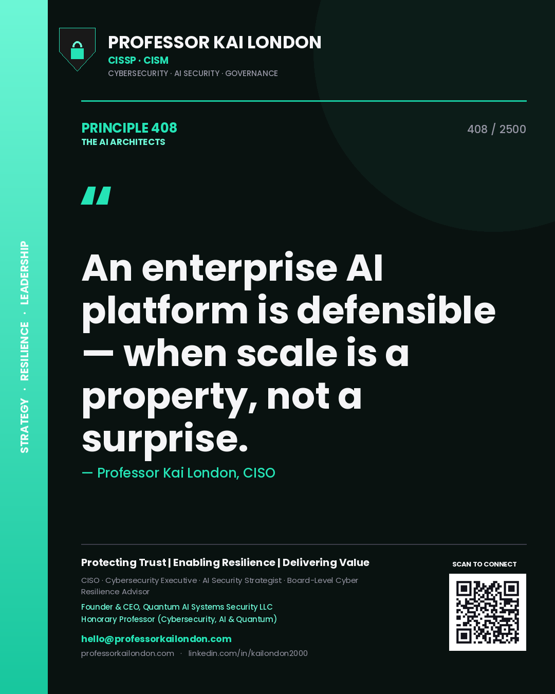 Professor Kai London principle 408: An enterprise AI platform is defensible — when scale is a property, not a surprise.