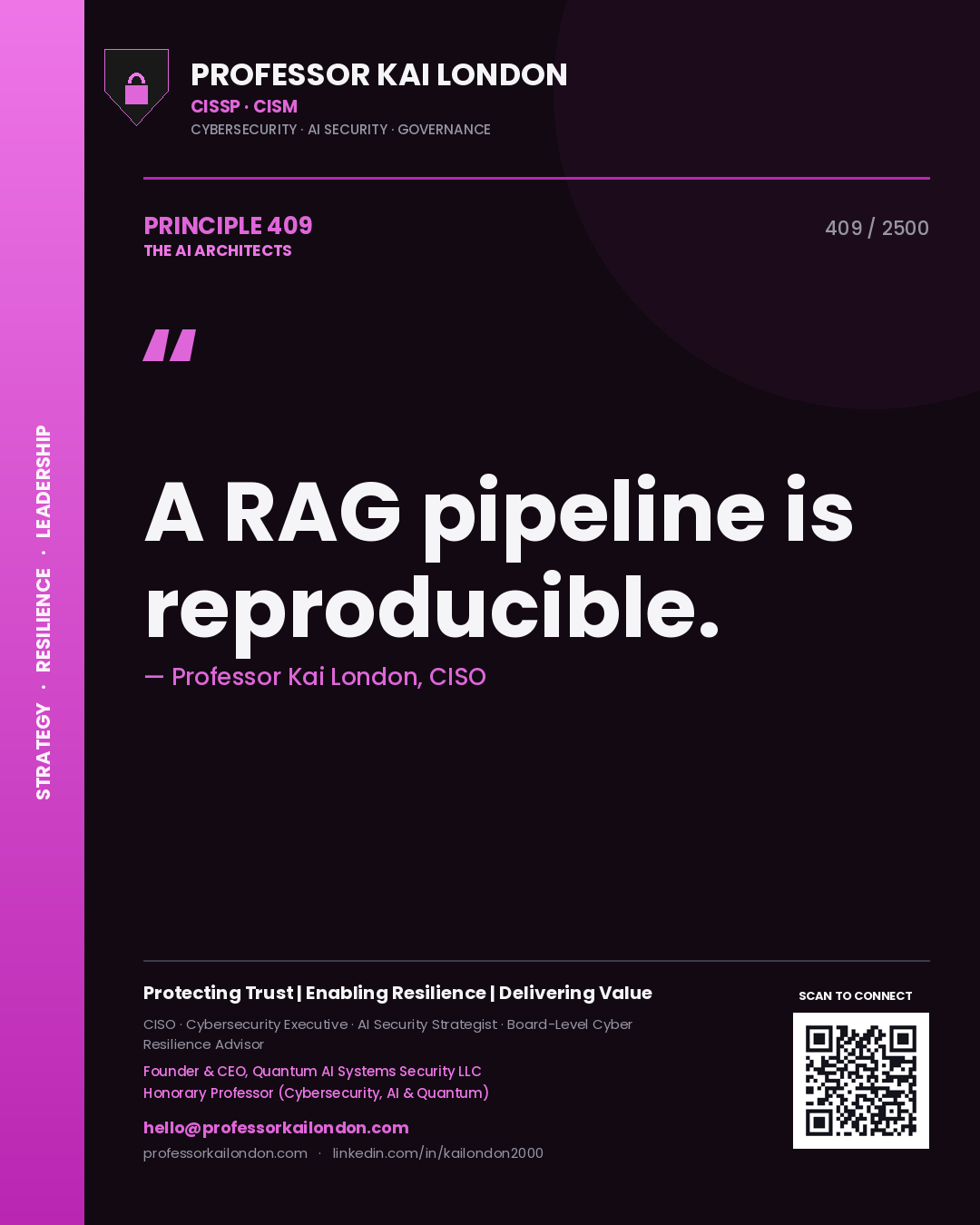 Professor Kai London principle 409: A RAG pipeline is reproducible.