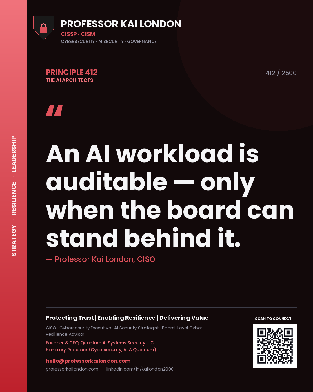 Professor Kai London principle 412: An AI workload is auditable — only when the board can stand behind it.
