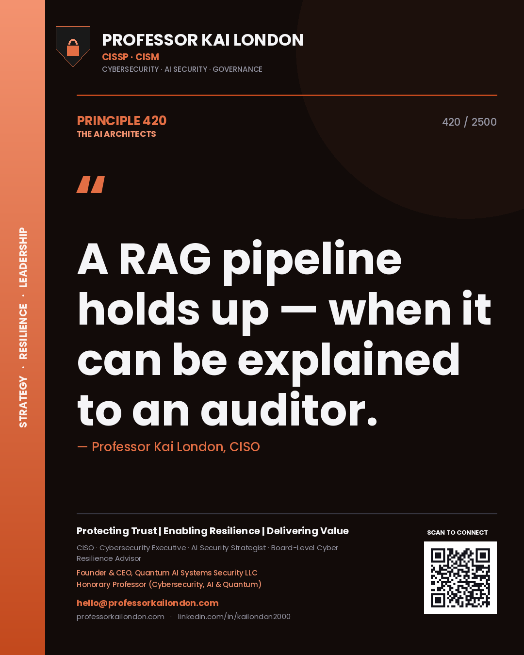 Professor Kai London principle 420: A RAG pipeline holds up — when it can be explained to an auditor.