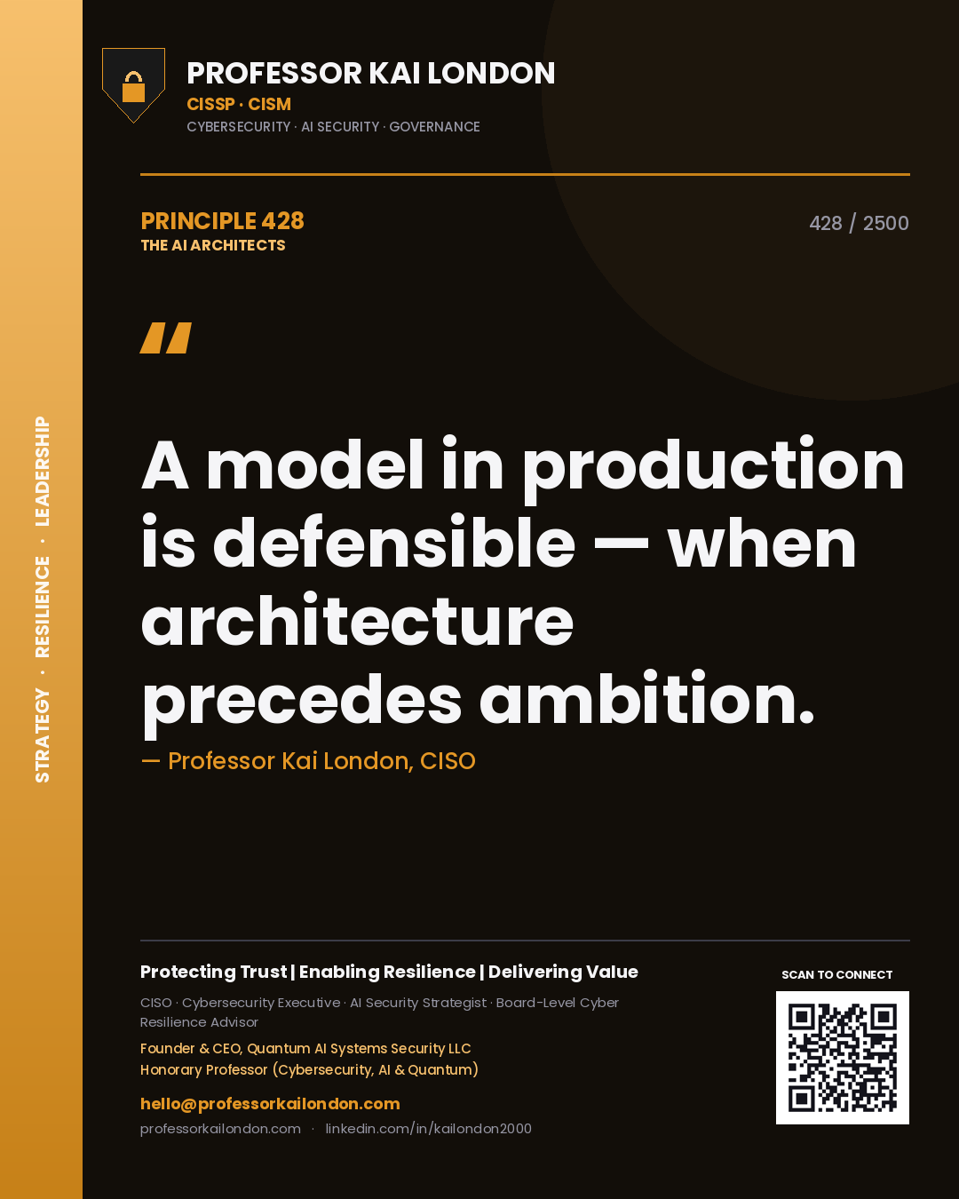 Professor Kai London principle 428: A model in production is defensible — when architecture precedes ambition.
