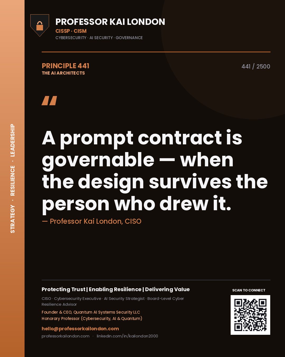 Professor Kai London principle 441: A prompt contract is governable — when the design survives the person who drew it.