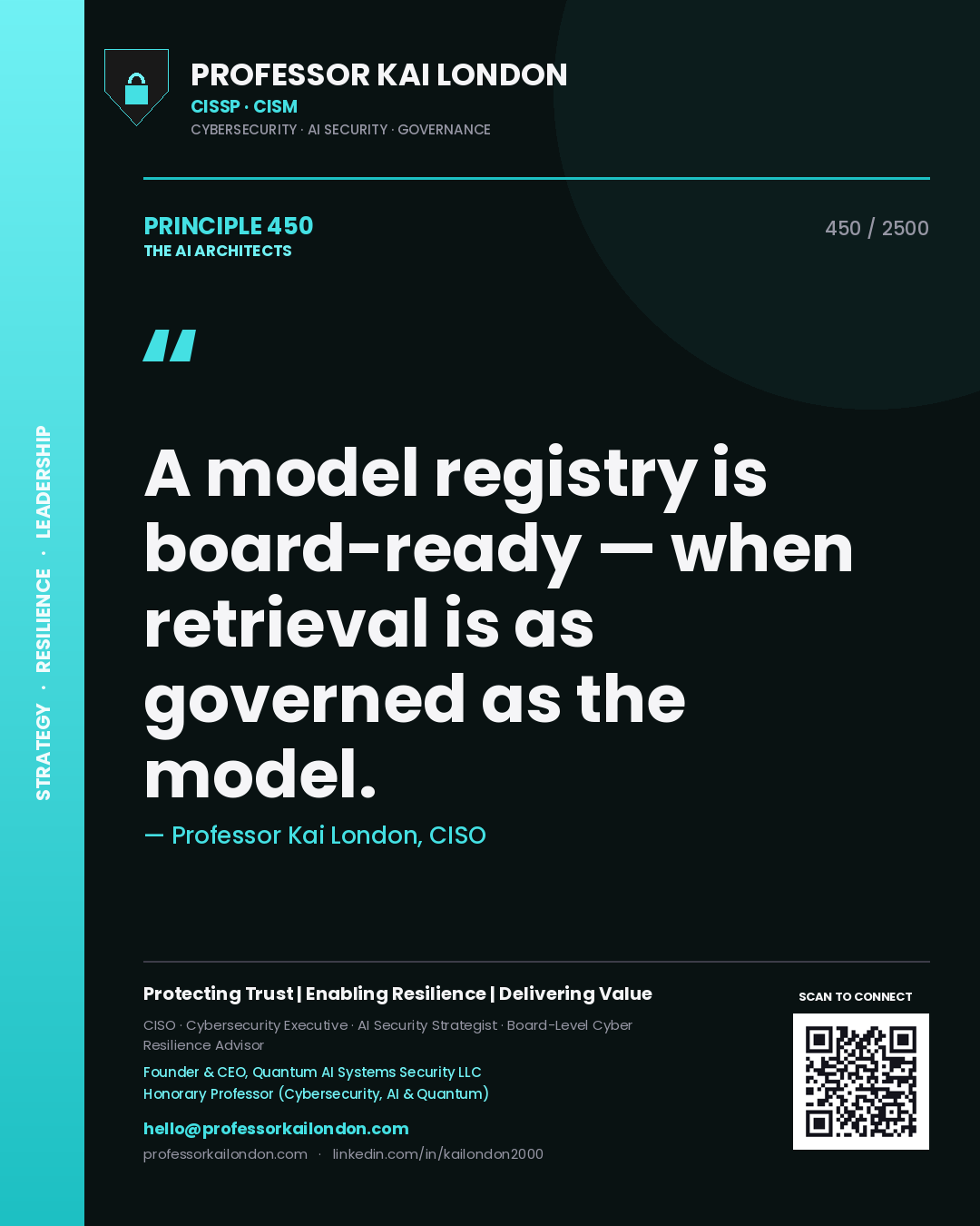 Professor Kai London principle 450: A model registry is board-ready — when retrieval is as governed as the model.