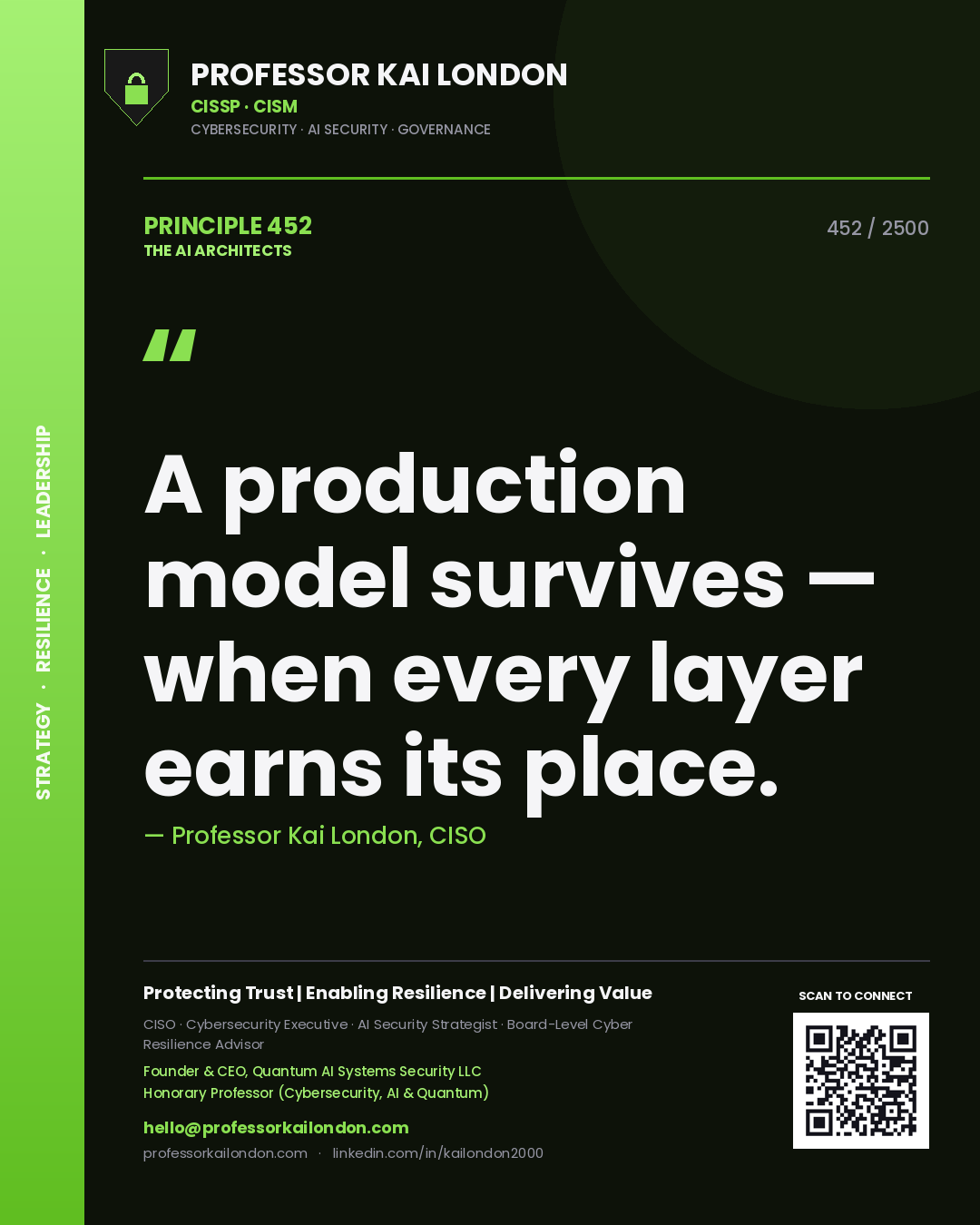 Professor Kai London principle 452: A production model survives — when every layer earns its place.