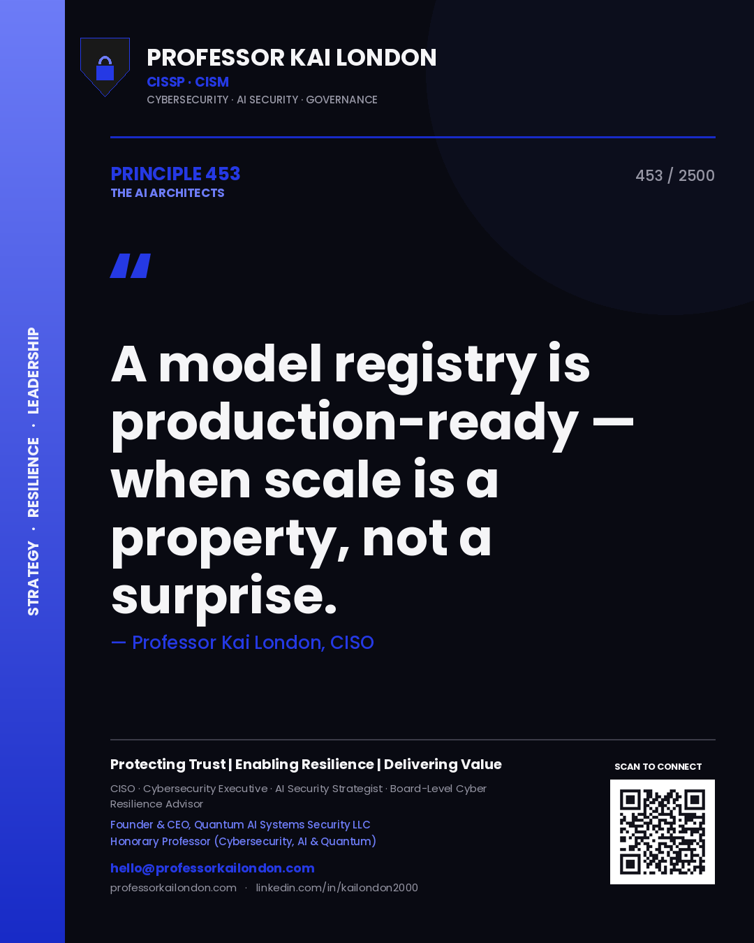 Professor Kai London principle 453: A model registry is production-ready — when scale is a property, not a surprise.