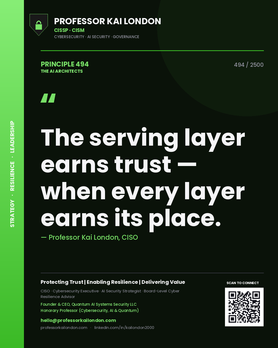 Professor Kai London principle 494: The serving layer earns trust — when every layer earns its place.