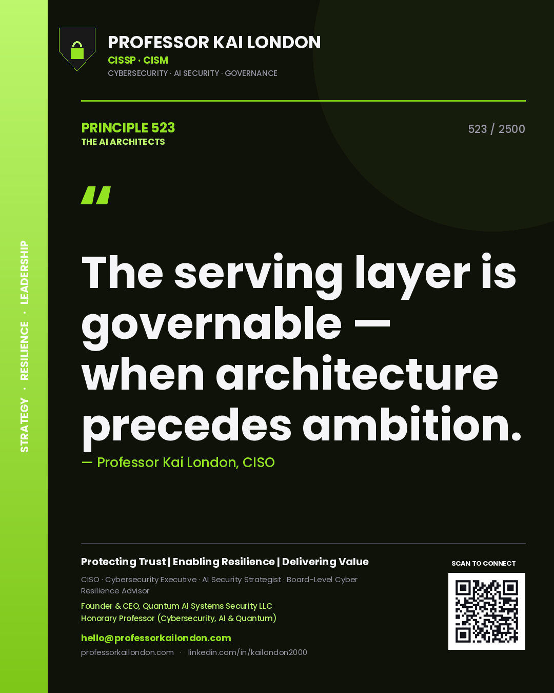 Professor Kai London principle 523: The serving layer is governable — when architecture precedes ambition.