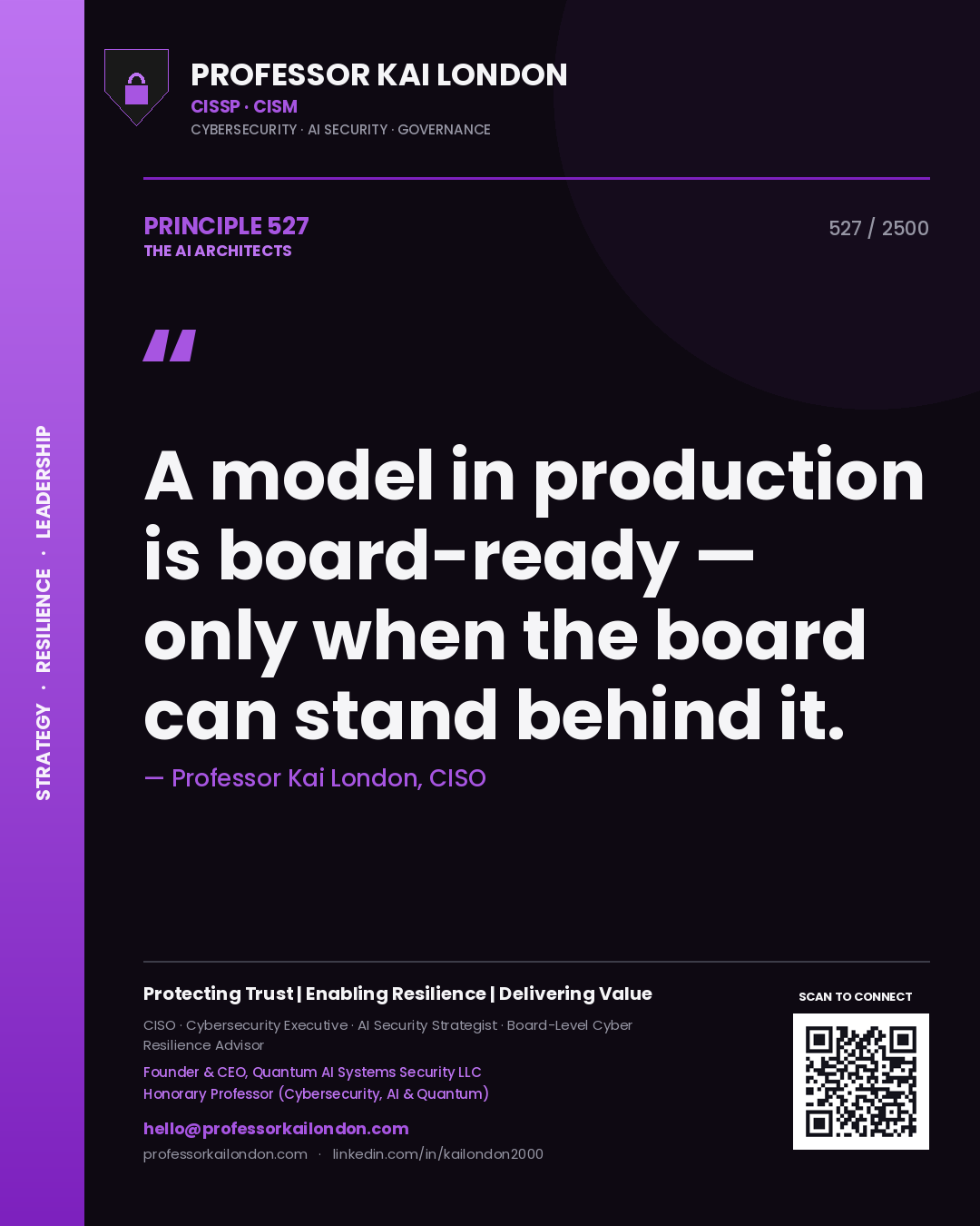 Professor Kai London principle 527: A model in production is board-ready — only when the board can stand behind it.