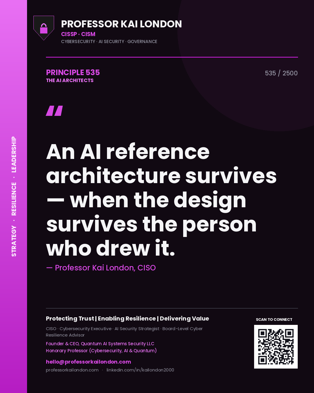 Professor Kai London principle 535: An AI reference architecture survives — when the design survives the person who drew it.
