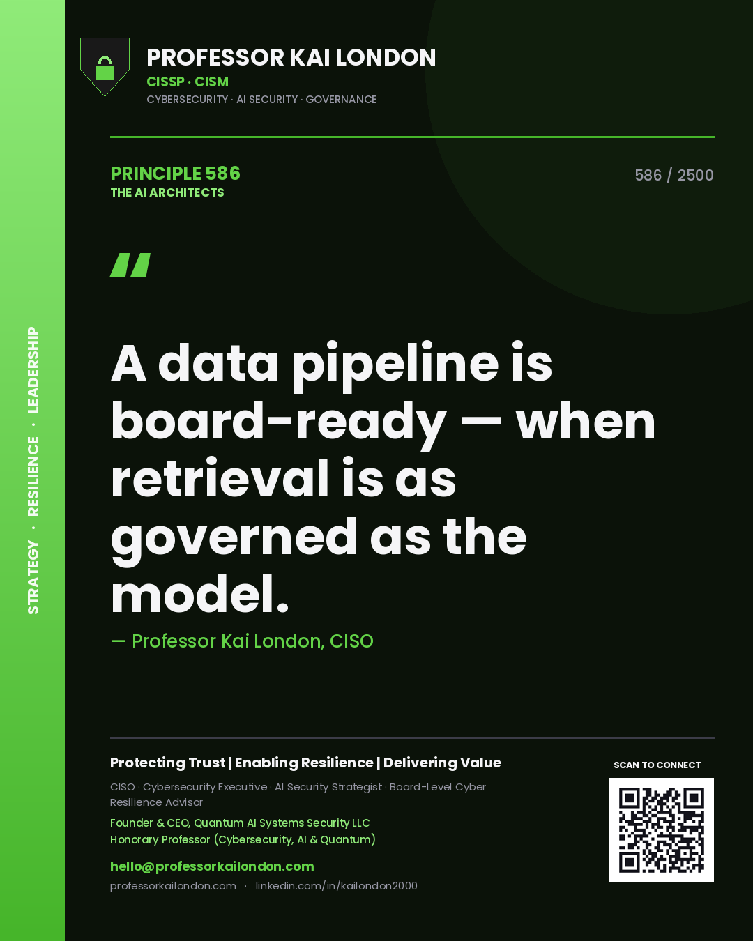 Professor Kai London principle 586: A data pipeline is board-ready — when retrieval is as governed as the model.