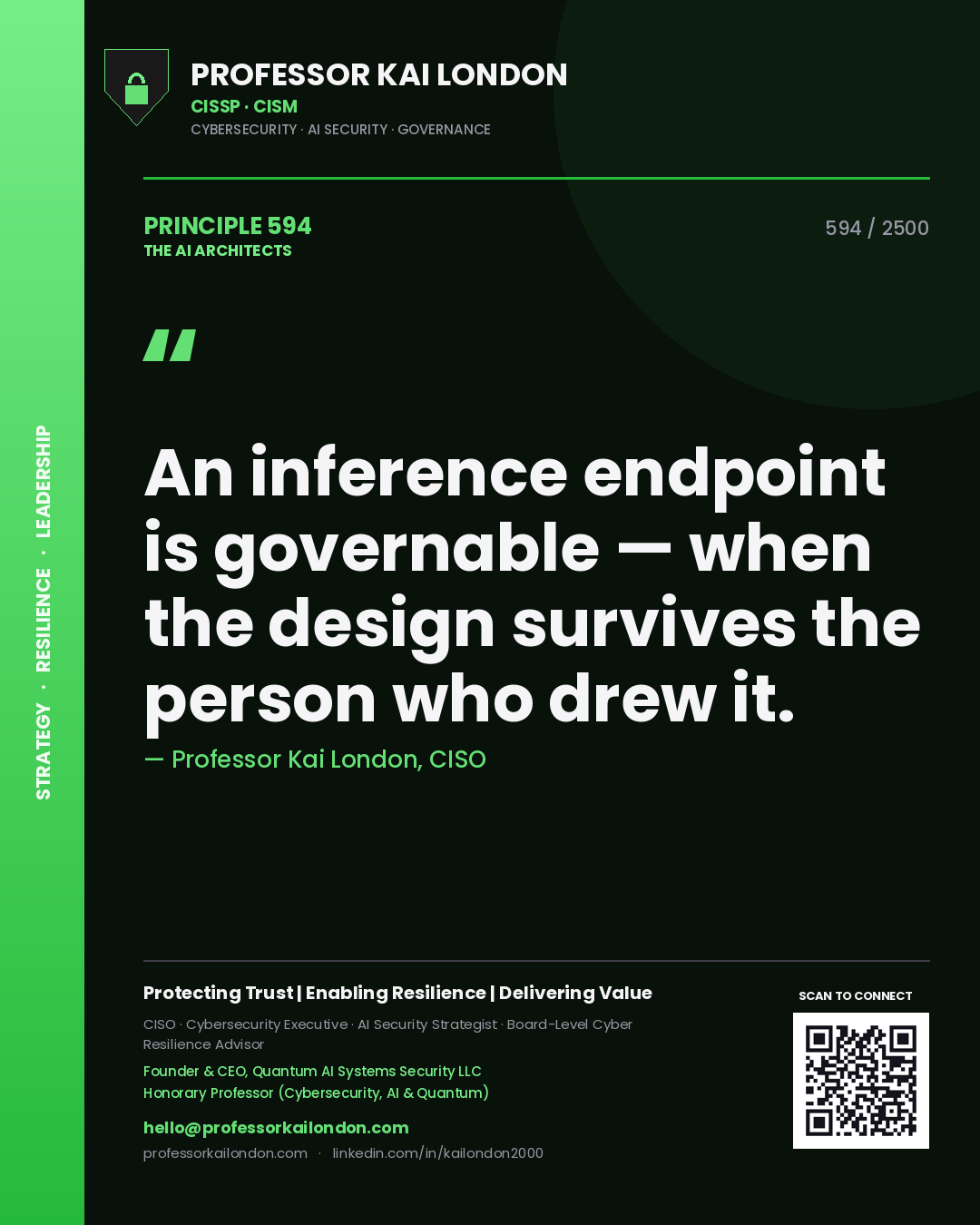 Professor Kai London principle 594: An inference endpoint is governable — when the design survives the person who drew it.