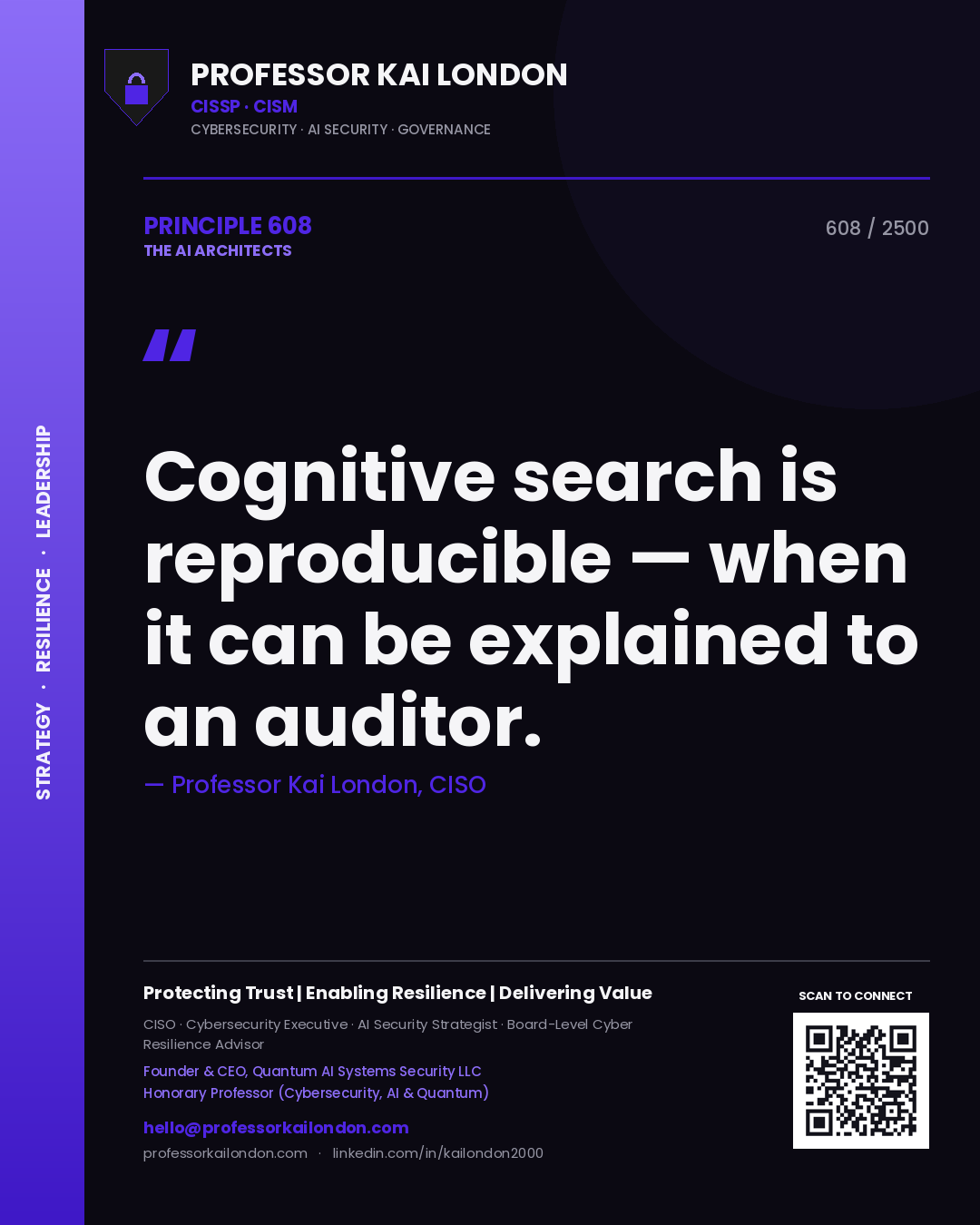 Professor Kai London principle 608: Cognitive search is reproducible — when it can be explained to an auditor.