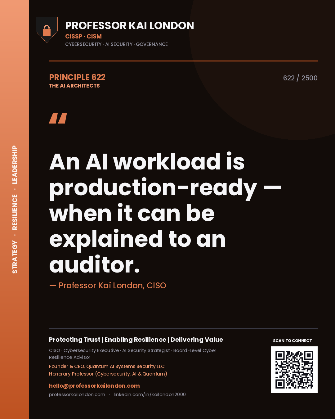 Professor Kai London principle 622: An AI workload is production-ready — when it can be explained to an auditor.