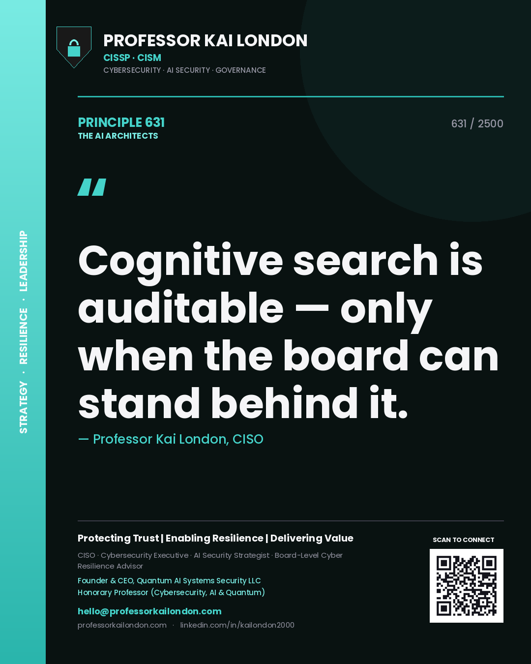 Professor Kai London principle 631: Cognitive search is auditable — only when the board can stand behind it.
