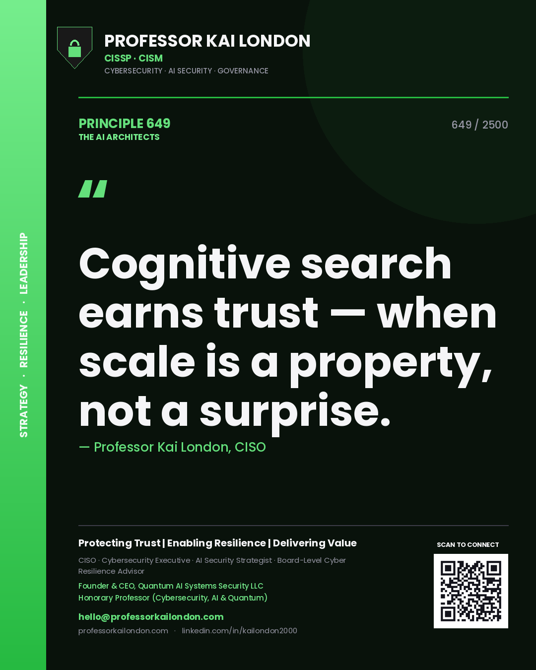 Professor Kai London principle 649: Cognitive search earns trust — when scale is a property, not a surprise.