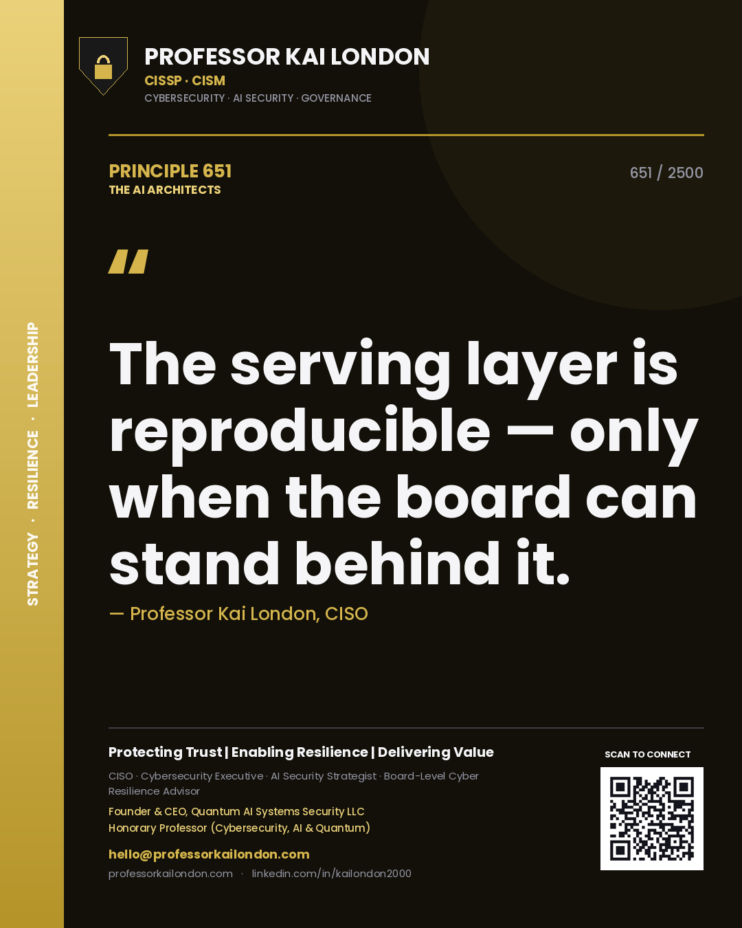 Professor Kai London principle 651: The serving layer is reproducible — only when the board can stand behind it.