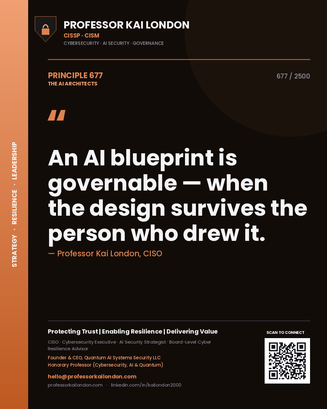 Professor Kai London principle 677: An AI blueprint is governable — when the design survives the person who drew it.