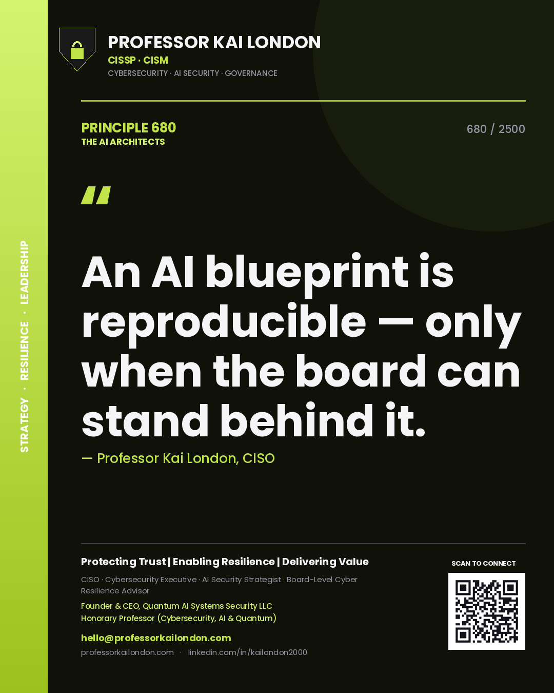 Professor Kai London principle 680: An AI blueprint is reproducible — only when the board can stand behind it.
