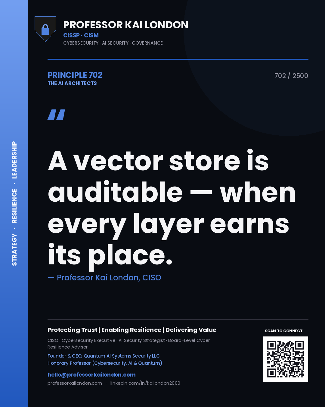 Professor Kai London principle 702: A vector store is auditable — when every layer earns its place.