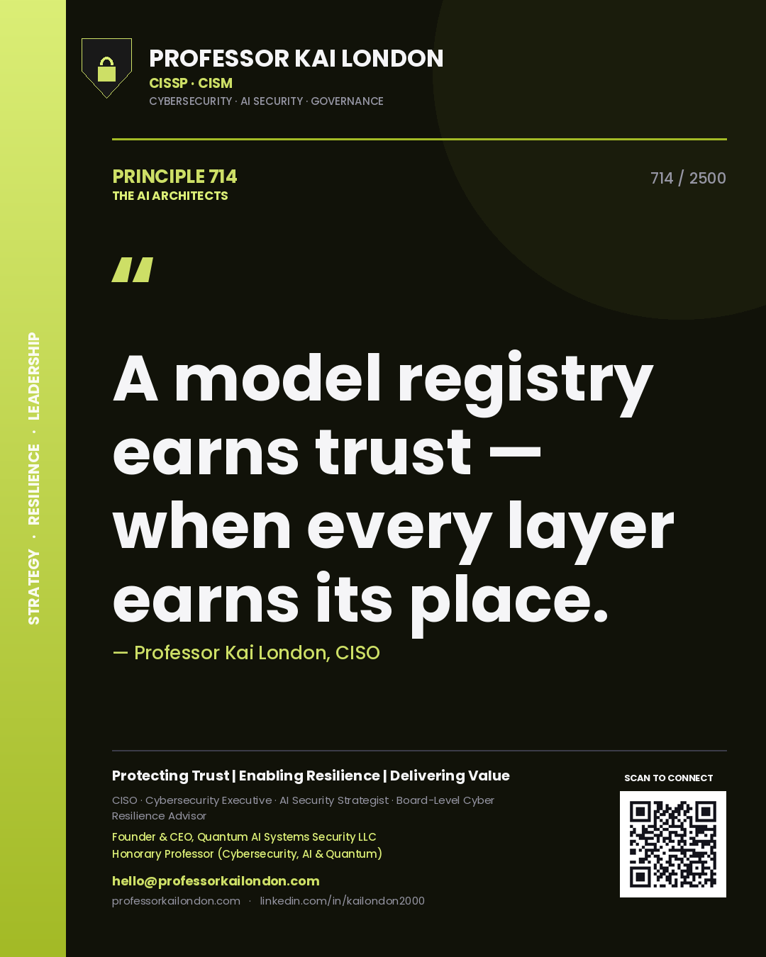 Professor Kai London principle 714: A model registry earns trust — when every layer earns its place.