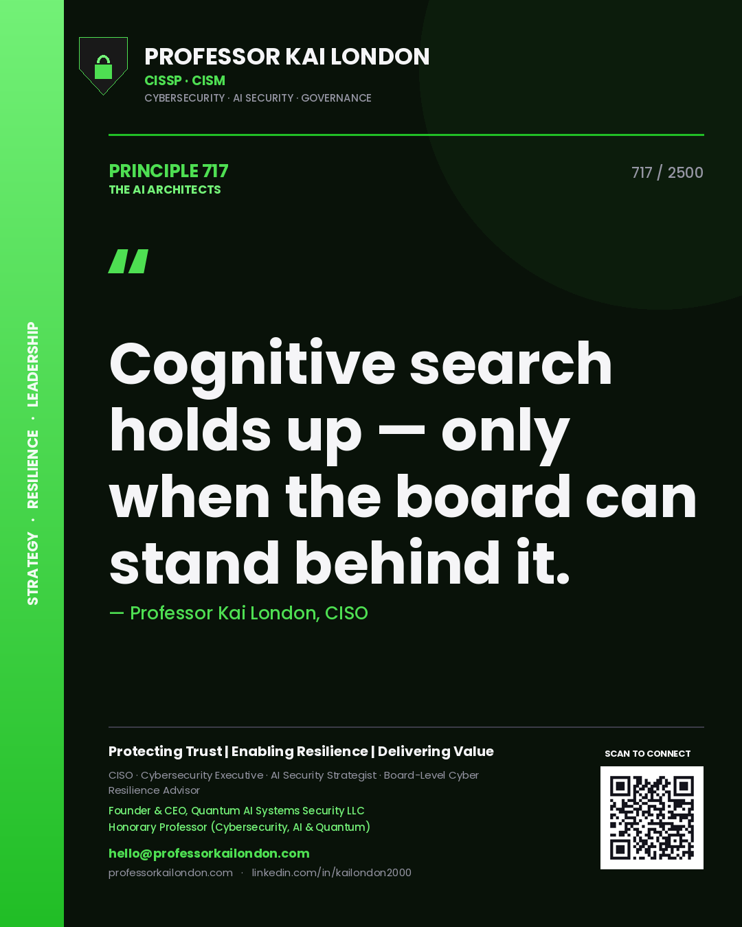 Professor Kai London principle 717: Cognitive search holds up — only when the board can stand behind it.
