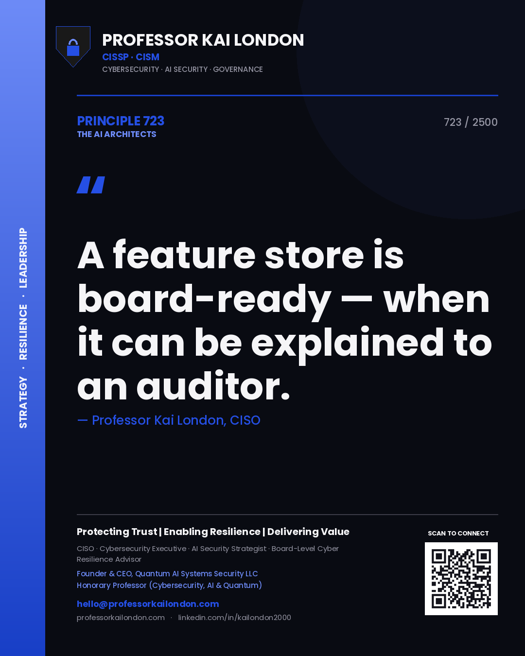 Professor Kai London principle 723: A feature store is board-ready — when it can be explained to an auditor.